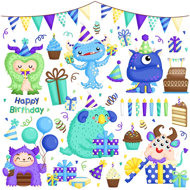 Monstre d'anniversaire masculin mignon Vecteur Premium