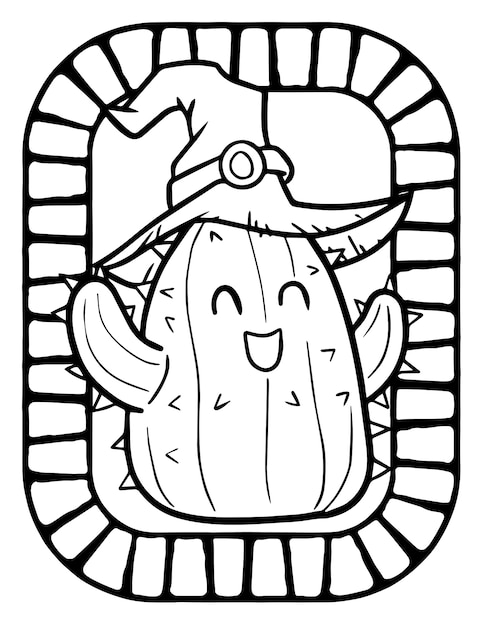 Monstre De Cactus Kawaii Drole Et Mignon Portant Un Chapeau De Sorciere Pour Halloween Coloriage Vecteur Premium