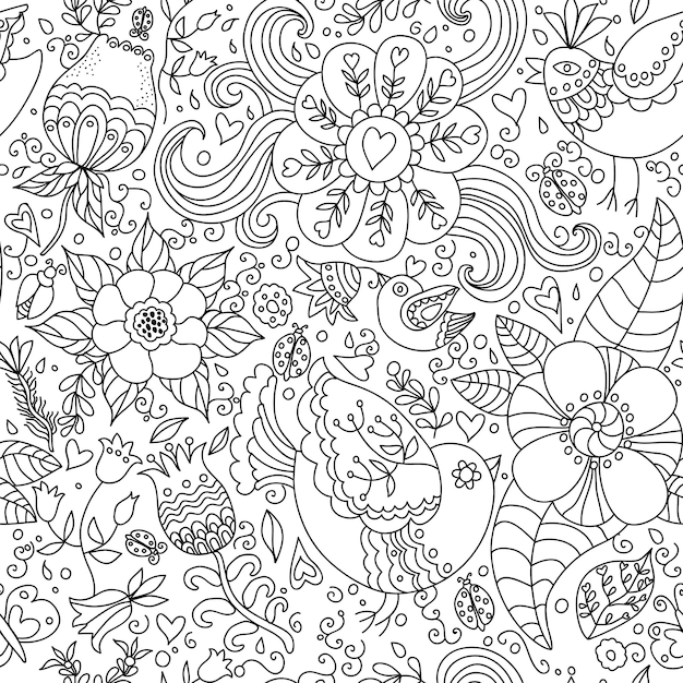 Motif Decoratif De Fond Sans Couture Avec Dessin De Contour De Fleurs Et D Oiseaux Vecteur Premium