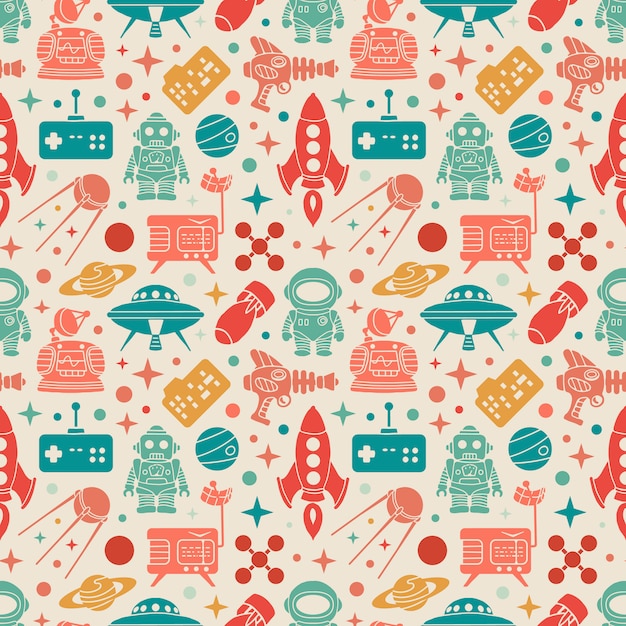 Motif rétro de science-fiction. objets colorés Vecteur Premium