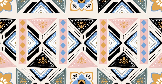 Motif sans soudure géométrique rose vert bleu noir en style africain avec forme de cercle carré, tribal, Vecteur Premium