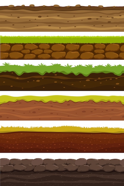 Motifs Sans Couture De Dessin Anime Grand Terrain Paysager Terre Et Sol Pour La Collection De Jeux De L Interface Utilisateur Vecteur Premium