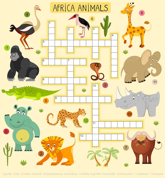 Mots Croises Animaux Africains Pour Les Enfants Illustration Du Lion Et Du Leopard De L Elephant Et Du Gorille Vecteur Premium