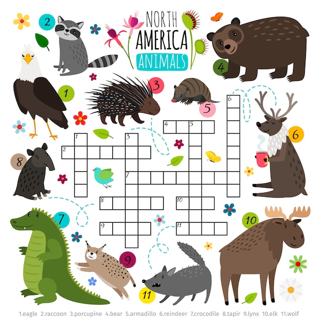 Mots Croises Animaux Brainteaser De Mots D Enfants Avec L Ensemble Des Animaux D Amerique Du Nord Jeu De Puzzle De Recherche De Mots Vecteur Premium