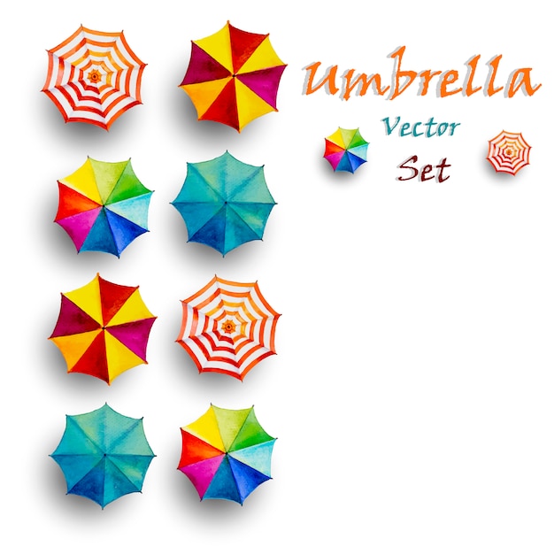 Multi couleur parapluie, aquarelle de vecteur vue de dessus. Vecteur Premium