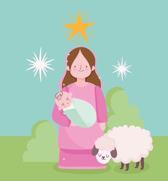 Nativite Creche Mignonne Sainte Marie Avec Bebe Dans Les Mains Et Illustration Vectorielle De Dessin Anime D Agneau Vecteur Premium