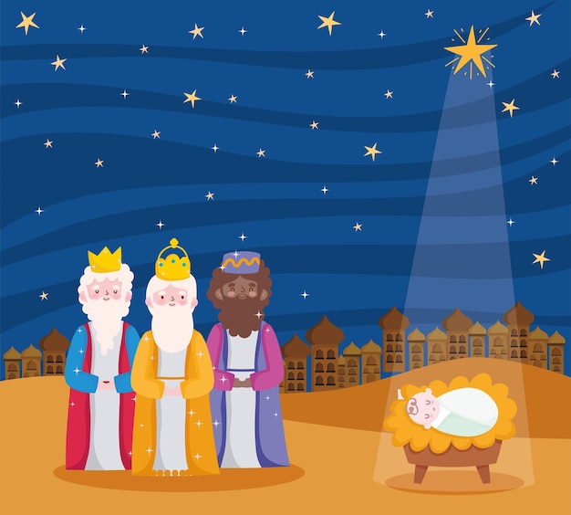 Nativite Creche Trois Rois Sages Et Bebe Jesus Avec Illustration De Dessin Anime Etoile Vecteur Premium