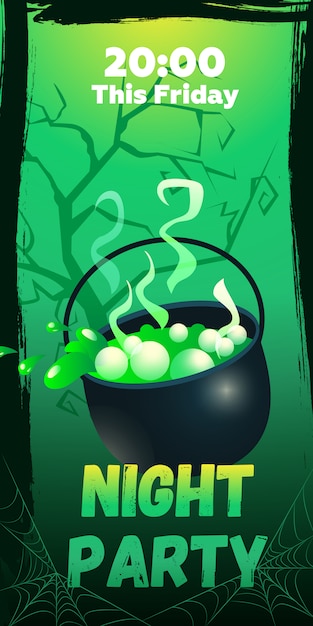 Night party ce lettrage de vendredi. chaudron avec potion bouillante Vecteur gratuit
