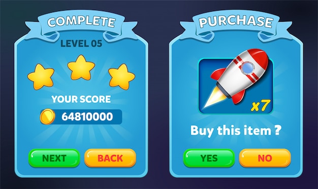 Niveau complet et menu d’achat contextuel avec score d’étoiles et boutons gui Vecteur Premium