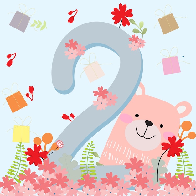 Nounours Mignon 2 Ans Carte D Anniversaire Vecteur Premium