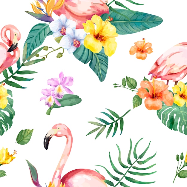 Oiseau De Flamant Rose Dessiné Avec Des Fleurs Tropicales