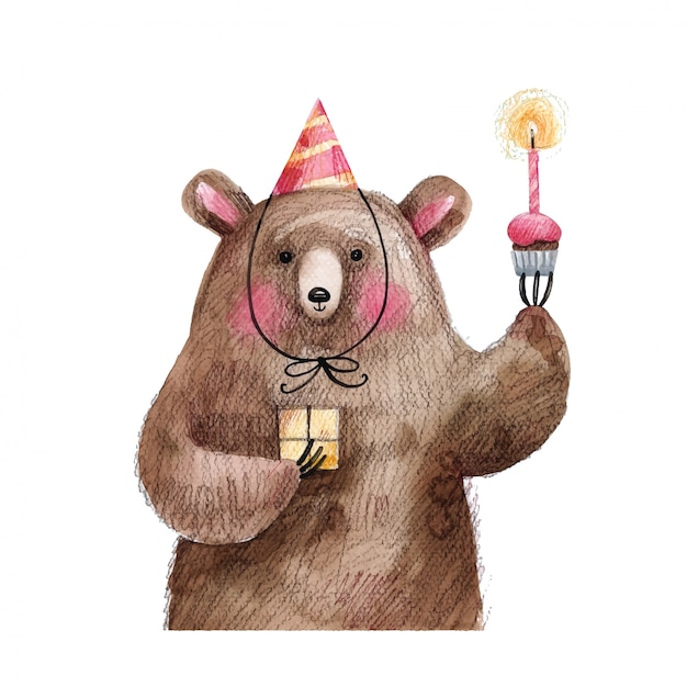 Un Ours Mignon Avec Un Gateau Et Un Cadeau Dans Une Casquette De Fete Souhaite Un Joyeux Anniversaire Illustration Dessinee A La Main Isolee Sur Fond Blanc Vecteur Premium