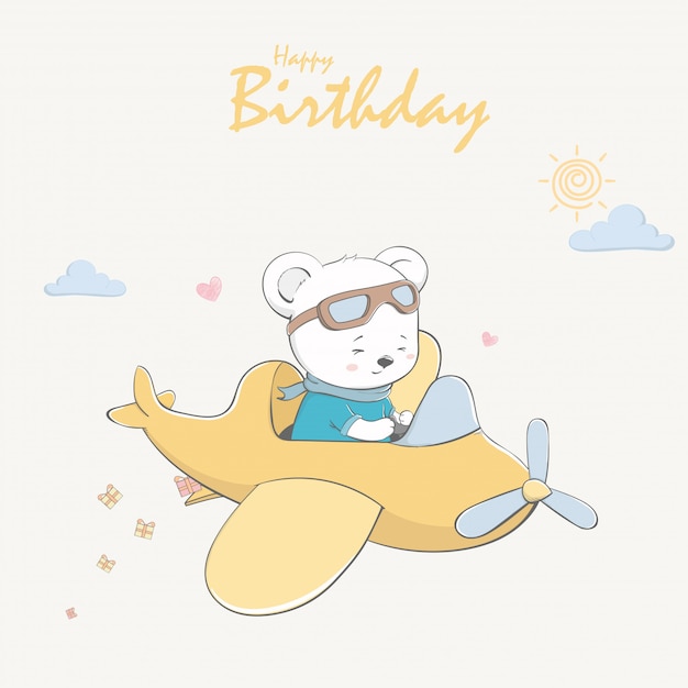 Ours Mignon Pilotant Un Dessin Anime D Avion Carte De Voeux Et Invitation De Joyeux Anniversaire Vecteur Premium