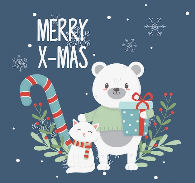Ours Polaire Avec Boîte Cadeau Laisse Carte Joyeux Noël | Vecteur Premium