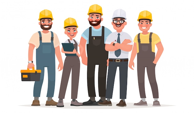 Ouvriers industriels. équipe de constructeurs. ingénieur, technicien et ouvriers de différentes professions Vecteur Premium