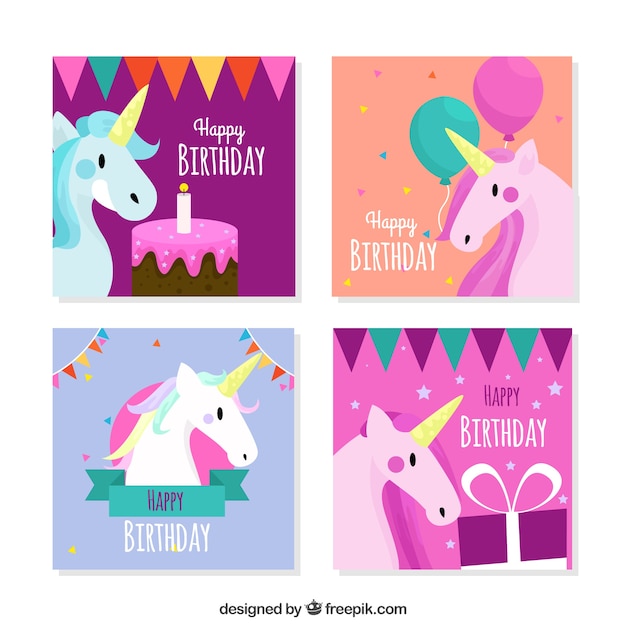 Pack De Belles Cartes D Anniversaire Avec Des Licornes Vecteur Gratuite