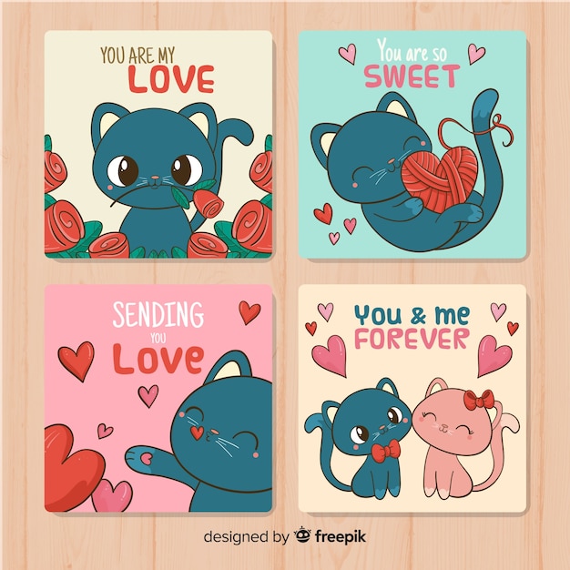 Pack De Cartes Pour La Saint Valentin Avec Chat Vecteur Gratuite