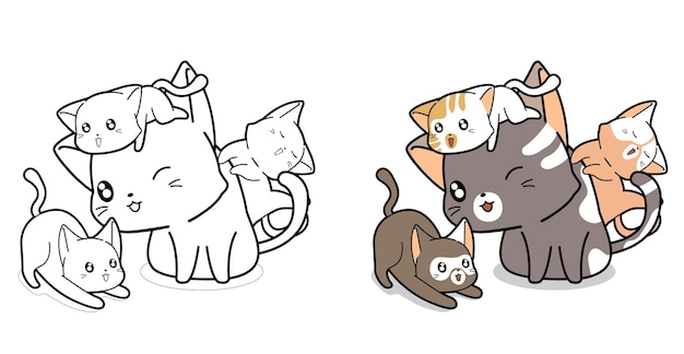 Page De Coloriage De Dessin Anime De Chats De Famille Pour Les Enfants Vecteur Premium