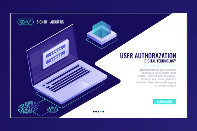 Page d'inscription ou de connexion de l'utilisateur, commentaires, ordinateur portable avec formulaire d'autorisation, modèle de page web Vecteur gratuit