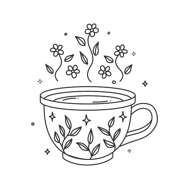 Pages De Livre De Coloriage Tasses Hygge The Ou Cafe Confortable Tasse Avec Motif Floral Et Differentes Fleurs Ornements Vegetaux Art Print Elements Illustration Vecteur Premium