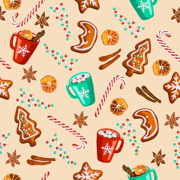 Pain d'épice de noël, vin chaud, modèle sans couture de cacao Vecteur Premium