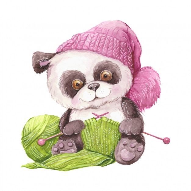 Panda aquarelle de dessin animé mignon dans un bonnet tricoté avec une pelote de laine et tricot. Vecteur Premium
