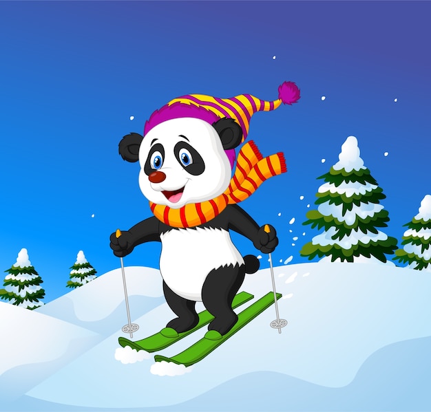 Panda De Dessin Anime Ski Sur Une Pente De Montagne Vecteur Premium