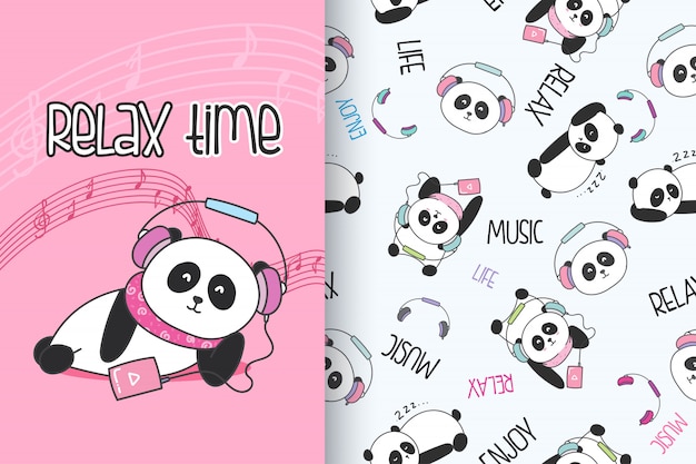 Panda mignon dessiné main avec set vector pattern Vecteur Premium