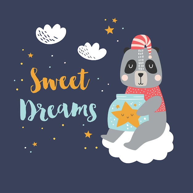 Panda Avec Pot Avec Etoile Nuages Et Citation Sweet Dreams Vecteur Premium