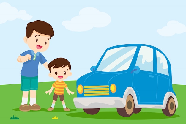 Papa et fils regardent la voiture Vecteur Premium