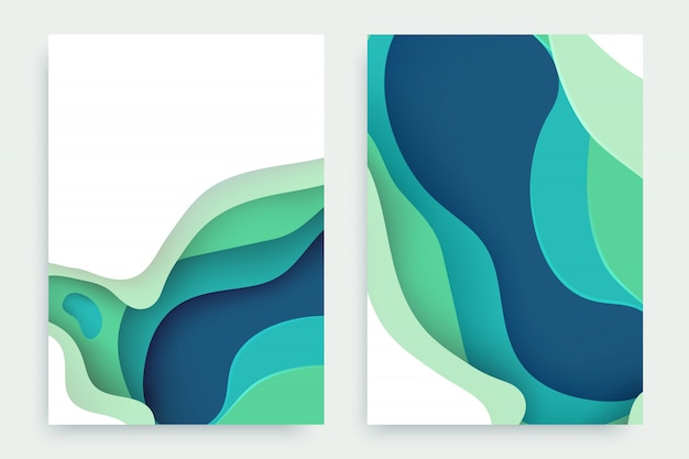 Papier Découpé Sertie De Fond Abstrait 3d Slime Et De Couches De Vagues Vertes, Cyan, Bleu. Vecteur Premium