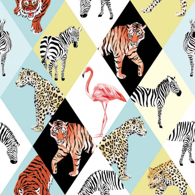 Papier peint motif sans soudure animaux tropicaux patchwork et oiseau multicolore Vecteur Premium