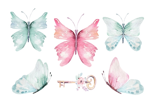 Papillons Vecteur Aquarelle Colore Illustration De Printemps Papillon Rose Bleu Jaune Rose Et Rouge Collection De Printemps Magique Vecteur Premium