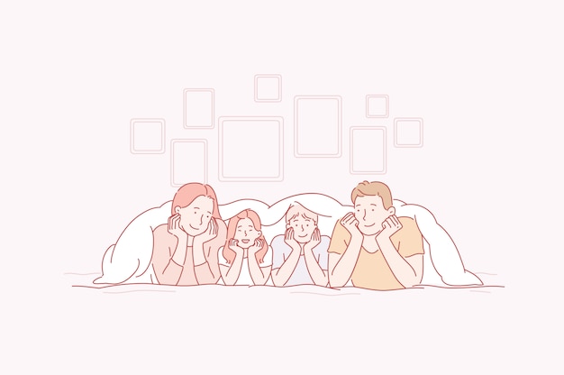 Les parents et les enfants jouent avec le sourire sur les visages de la maison. Vecteur Premium