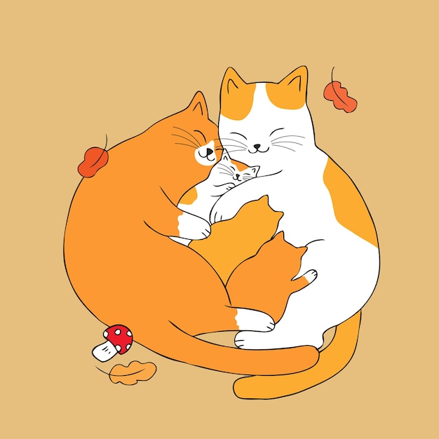 Parents Mignons De Dessin Anime Calin Vecteur De Chat De Bebe Vecteur Premium