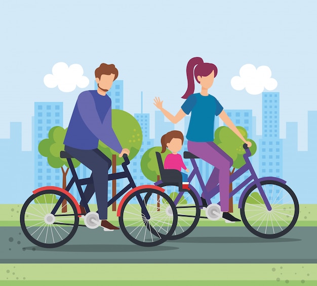 Parents à vélo avec sa fille sur le parc Vecteur gratuit