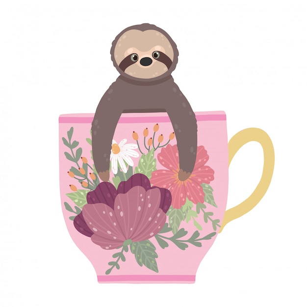 Paresseux mignon assis dans une tasse de thé de belle fleur isolé sur fond blanc. Vecteur Premium