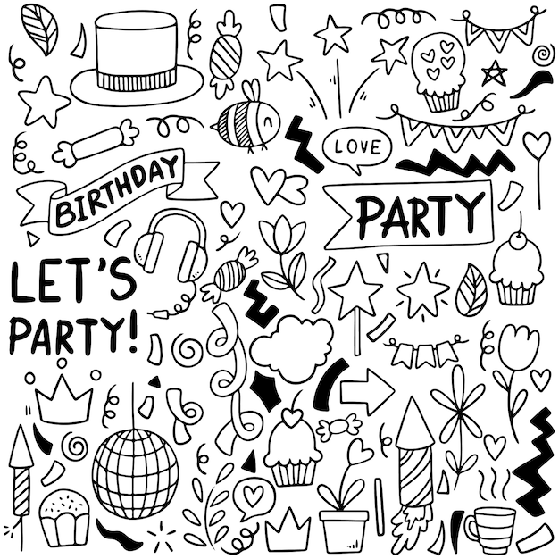 Parti Dessine A La Main Doodle Joyeux Anniversaire Vecteur Premium