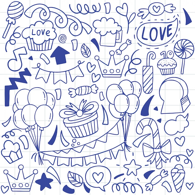 Partie Dessinee A La Main Doodle Joyeux Anniversaire Ornements Motif De Fond Vecteur Premium