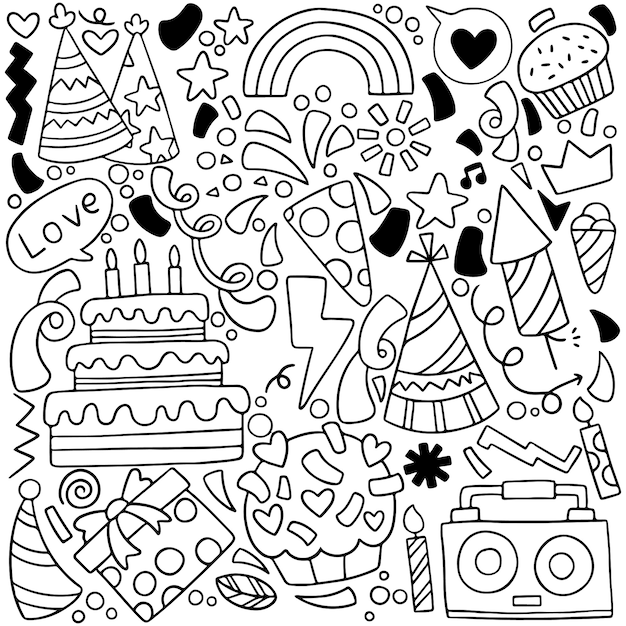 Partie Doodle Carte De Voeux Joyeux Anniversaire Avec Des Elements De Dessin Vecteur Premium