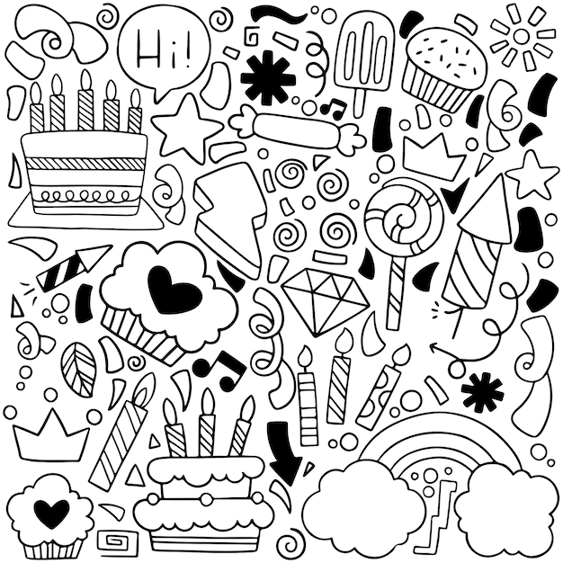 Partie Doodle Carte De Voeux Joyeux Anniversaire Avec Des Elements De Dessin Vecteur Premium