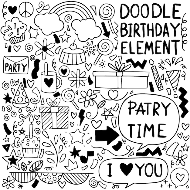 Partie Doodle Carte De Voeux Joyeux Anniversaire Avec Des Elements De Dessin Vecteur Premium