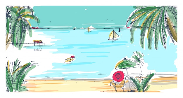 Paysage De Bord De Mer Dessine A La Main Complexe Tropical Avec Chaise Longue Et Parasol