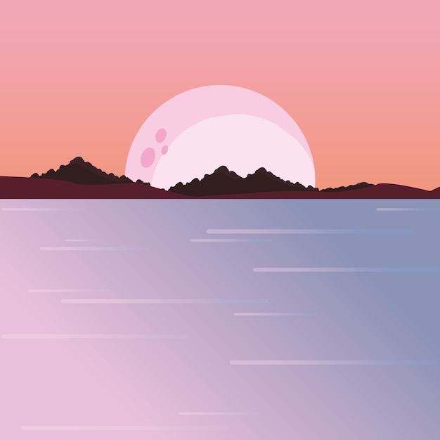 Paysage De Coucher De Soleil Avec La Mer Et Les Montagnes