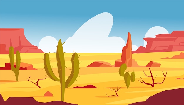 Paysage De Dessin Anime Du Desert Du Nevada Avec Des Cactus Et Des Arbustes Vecteur Premium