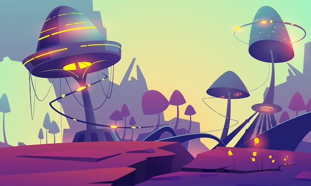 Paysage Fantastique Avec Des Champignons Et Des Plantes Magiques Illustration De Dessin Anime De Vecteur De