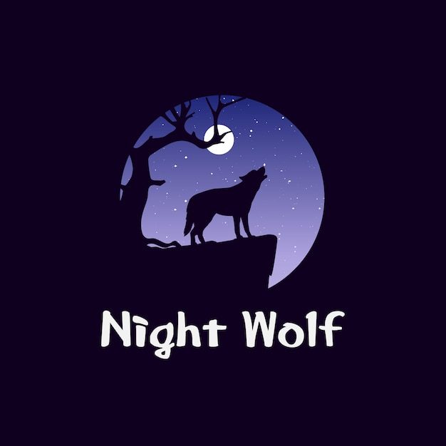 Paysage de nuit en forêt avec le loup sur le rocher. chien sauvage hurlant devant la lune Vecteur Premium