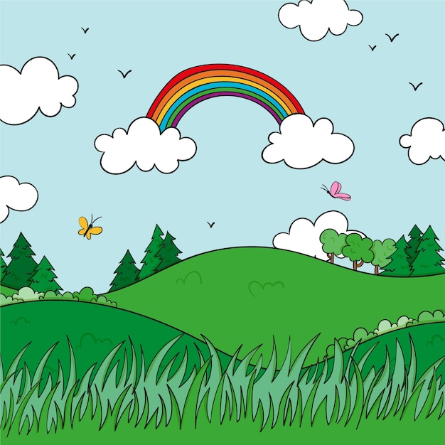 Facile Paysage Printemps Dessin Couleur Paysage De Printemps Dessiné à La Main Coloré | Vecteur Gratuite