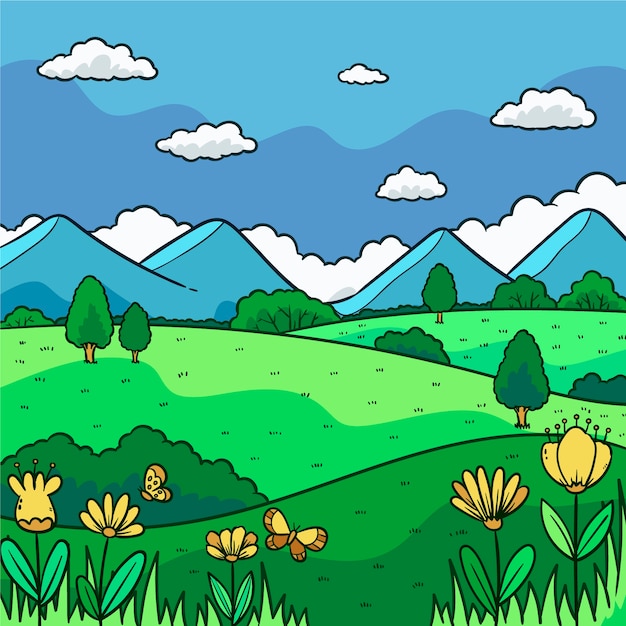 Facile Paysage Printemps Dessin Couleur Paysage De Printemps Dessiné à La Main | Vecteur Gratuite