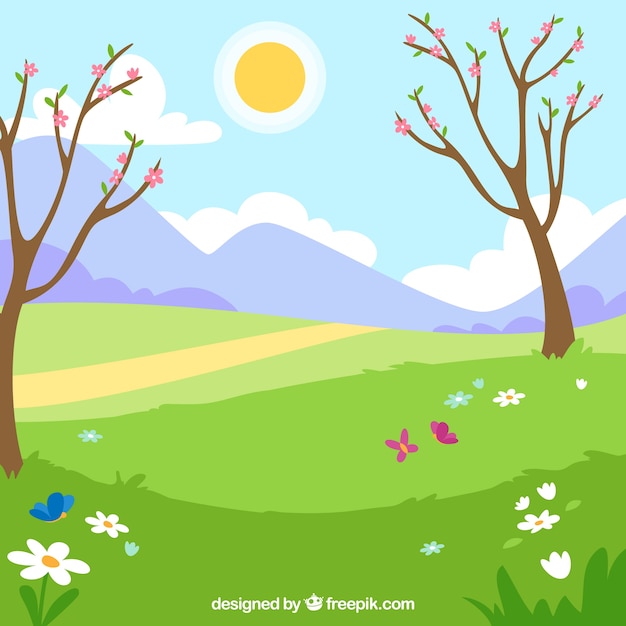 Facile Paysage Printemps Dessin Couleur Paysage De Printemps Avec Deux Arbres | Vecteur Gratuite